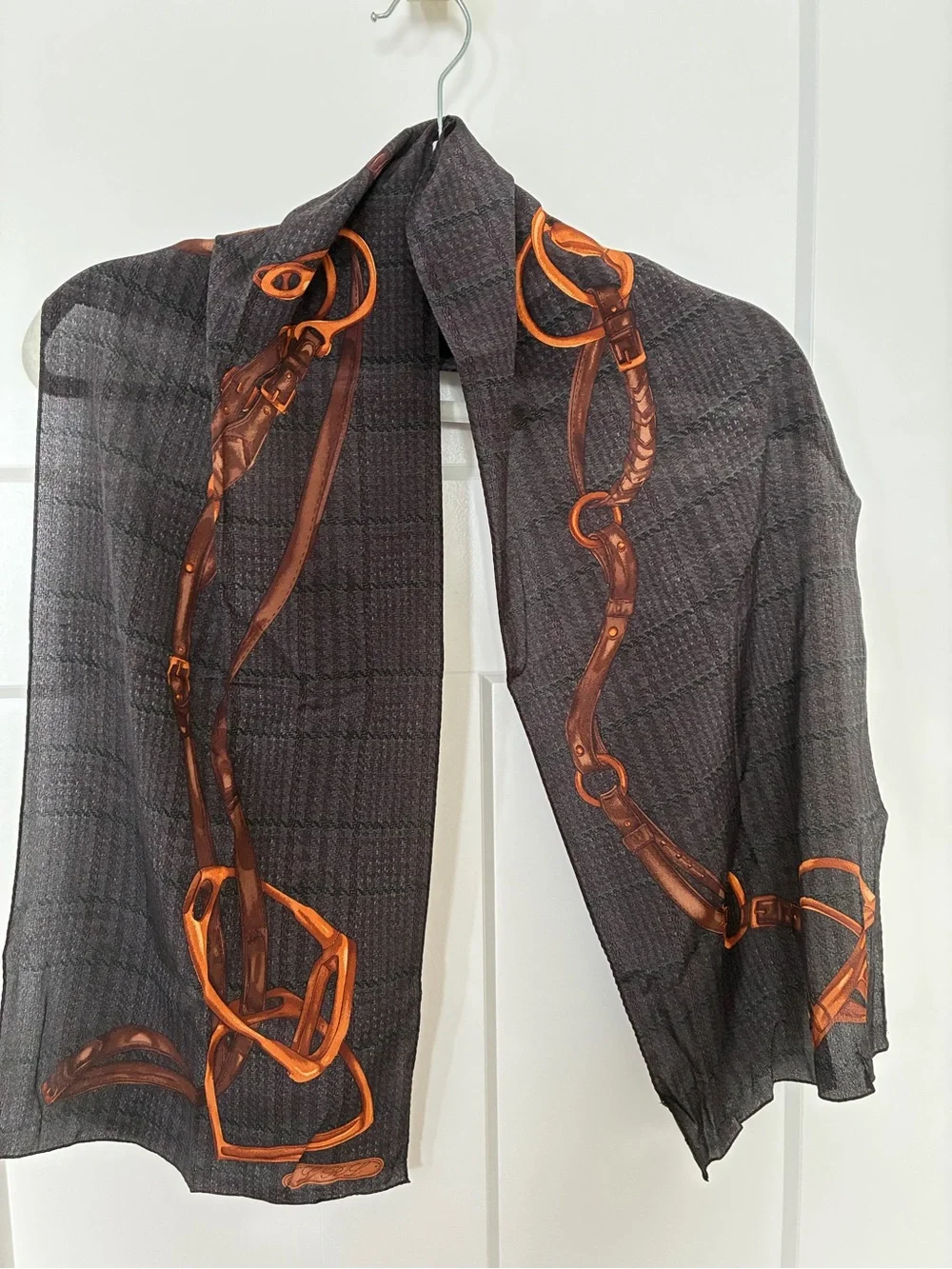Woman’s Ralph Lauren Black Plaid Heathered Silk Scarf with Gold Bridle Print